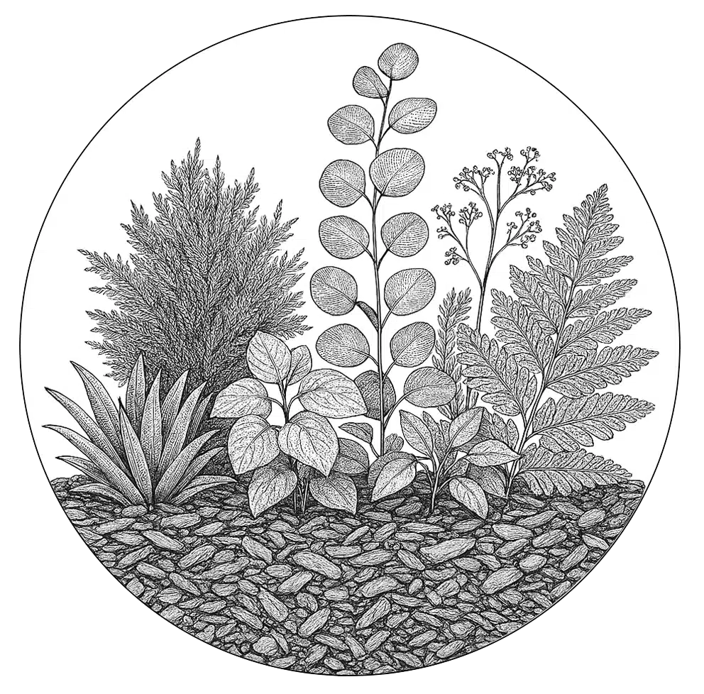 Gedetailleerde botanische illustratie van verschillende planten.
