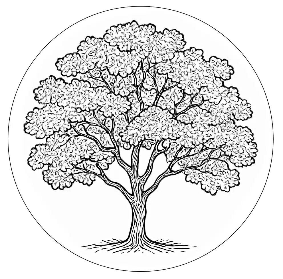 Illustratie van gedetailleerde boom met cirkelvormig frame