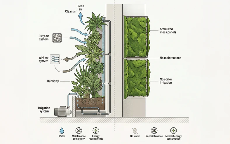 preserved moss walls vs living walls